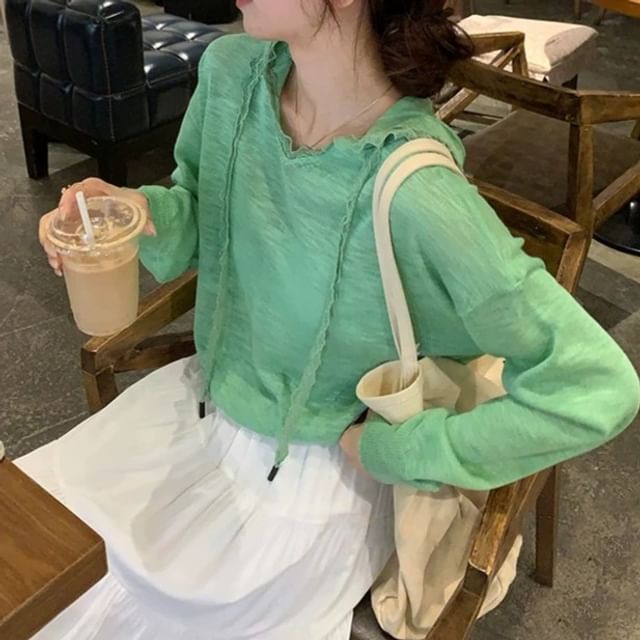 Long Sleeve Plain Hooded Lace Trim Knit Top