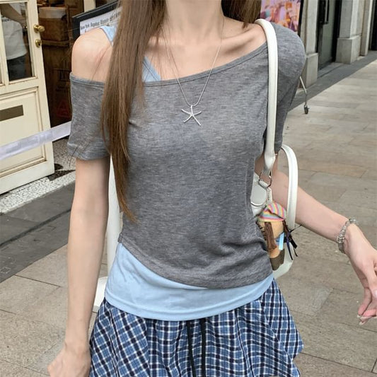 Short Sleeve Cold Shoulder Mock Two Piece Top