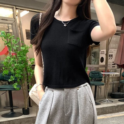 Short Sleeve Round Neck Plain Knit Top