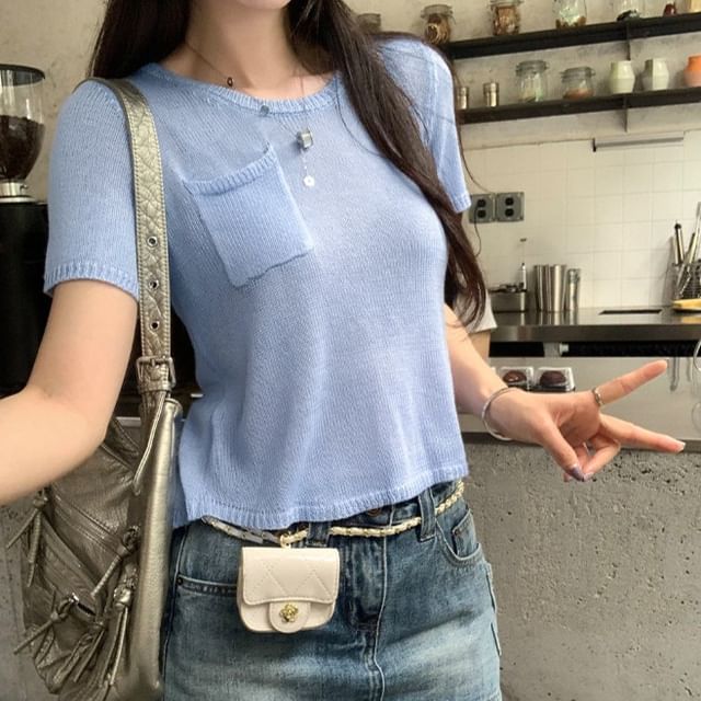 Short Sleeve Round Neck Plain Knit Top