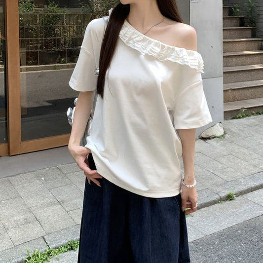 Short Sleeve One Shoulder Plain Ruffle Top