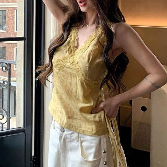 V-Neck Plain Tie Back Panel Lace Camisole Top