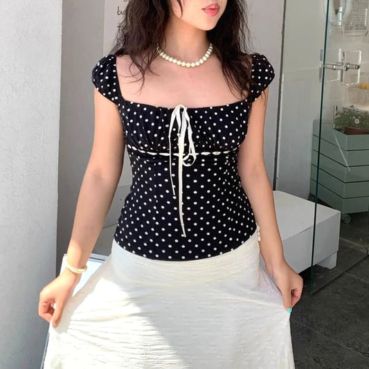 Cap Sleeve Square Neck Dotted Bow Top