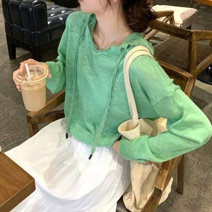 Long Sleeve Plain Hooded Lace Trim Knit Top