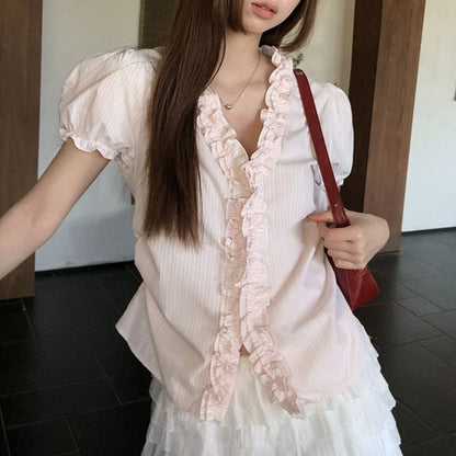 Short-Sleeve Frill Trim Striped Blouse