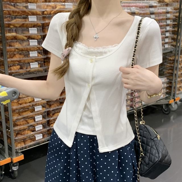 Short-Sleeve Scoop Neck Button-Up Crop Knit Top