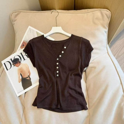 Short-Sleeve Henley Plain Knit Top