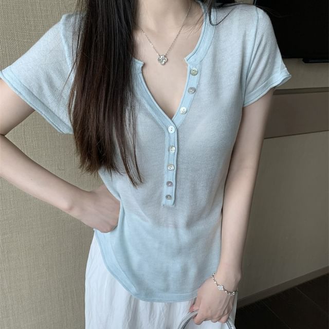 Short-Sleeve Henley Plain Knit Top