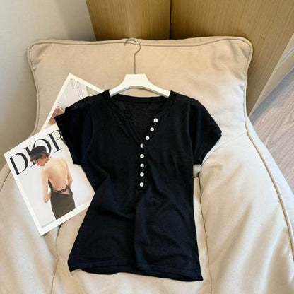 Short-Sleeve Henley Plain Knit Top