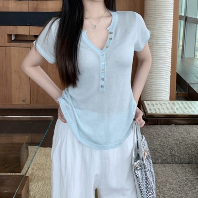 Short-Sleeve Henley Plain Knit Top