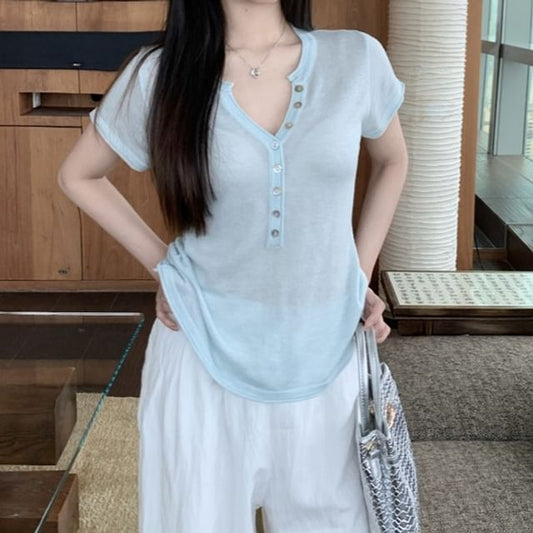 Short-Sleeve Henley Plain Knit Top