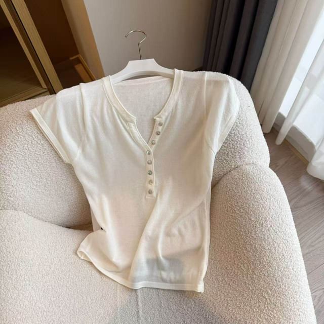 Short-Sleeve Henley Plain Knit Top