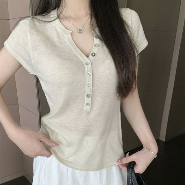 Short-Sleeve Henley Plain Knit Top