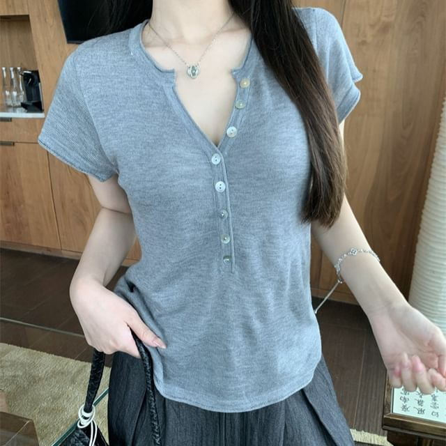 Short-Sleeve Henley Plain Knit Top