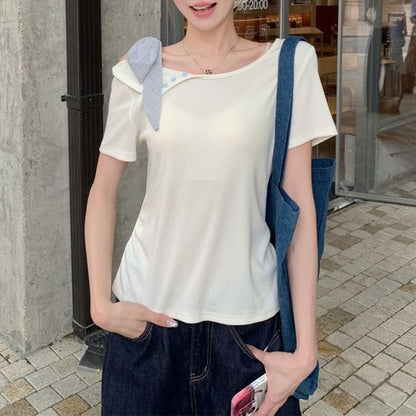 Short-Sleeve Crewneck Plaid Panel Crop T-Shirt