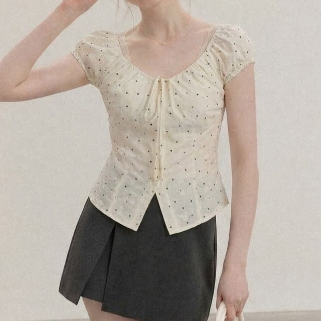 Short-Sleeve V-Neck Dotted Crop Top