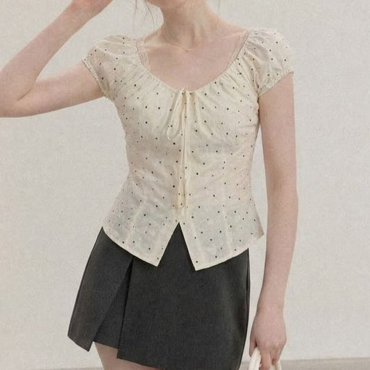 Short-Sleeve V-Neck Dotted Crop Top