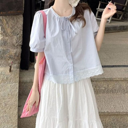 Short-Sleeve Ribbon Accent Plain Blouse / High Waist Maxi A-Line Skirt