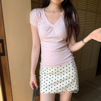 Short-Sleeve V-Neck Ruched Plain T-Shirt