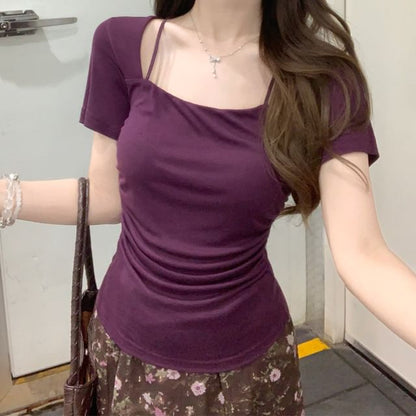 Short-Sleeve Scoop Neck Plain Crop Top