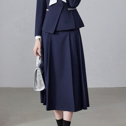 Tie-Neck Blouse, Asymmetric Blazer & Pleated Midi Skirt