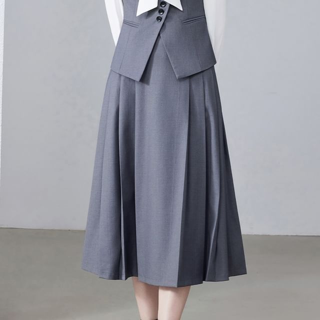 Tie-Neck Blouse, Asymmetric Blazer & Pleated Midi Skirt