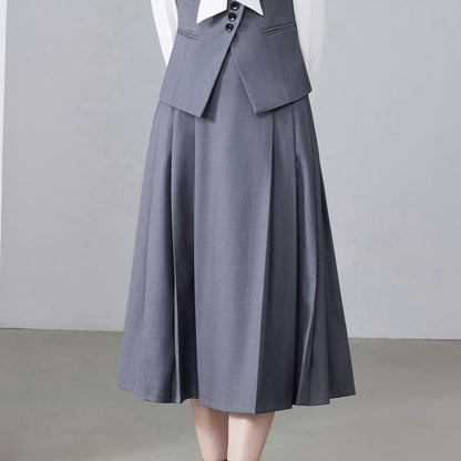 Tie-Neck Blouse, Asymmetric Blazer & Pleated Midi Skirt