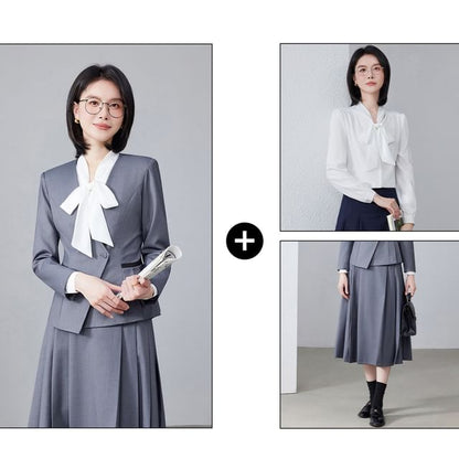 Tie-Neck Blouse, Asymmetric Blazer & High-Waisted Pleated Skirt Set