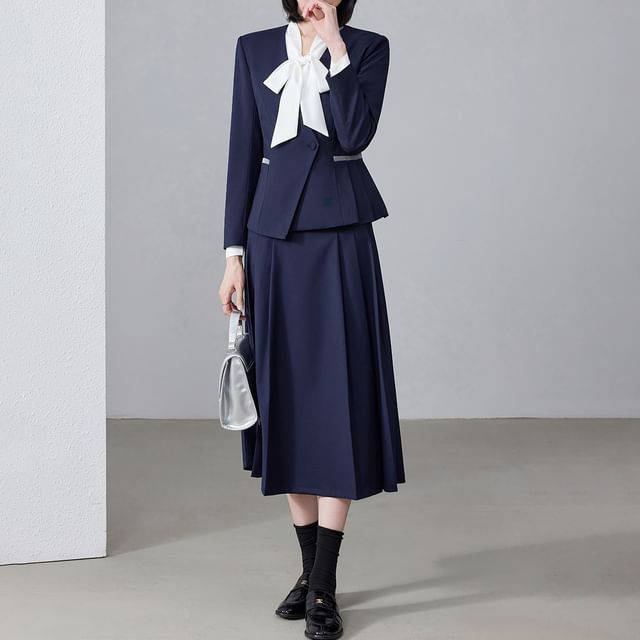 Tie-Neck Blouse, Asymmetric Blazer & High-Waisted Pleated Skirt Set