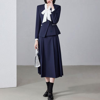 Tie-Neck Blouse, Asymmetric Blazer & High-Waisted Pleated Skirt Set