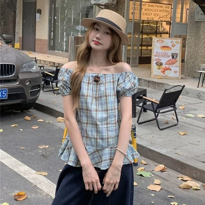 Short Sleeve Round Neck Plaid Bow Ruffle Blouse
