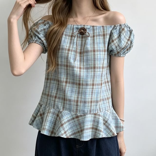 Short Sleeve Round Neck Plaid Bow Ruffle Blouse