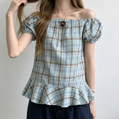Short Sleeve Round Neck Plaid Bow Ruffle Blouse