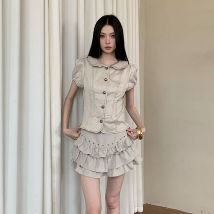 Peter Pan Collar Crop Top & Tiered Mini Skirt Set