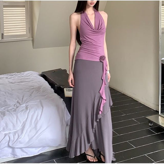 Sleeveless Draped Top & Mid Waist Asymmetrical Maxi A-Line Skirt