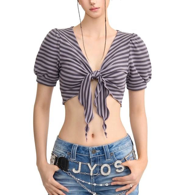 V-Neck Striped Cropped Tee with Short Sleeves