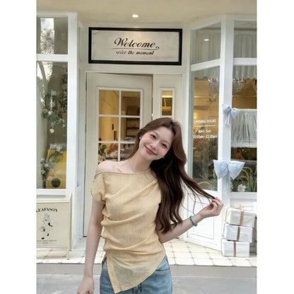Short Sleeve Cold Shoulder Asymmetric Slim-Fit Top