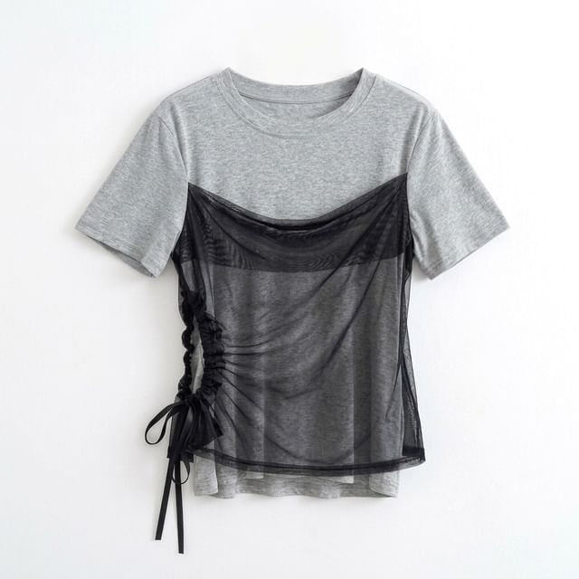 Short-Sleeve Crew Neck Drawstring Mesh Panel Mock Two-Piece T-Shirt