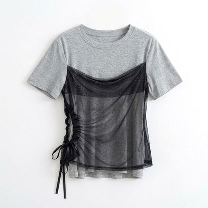Short-Sleeve Crew Neck Drawstring Mesh Panel Mock Two-Piece T-Shirt