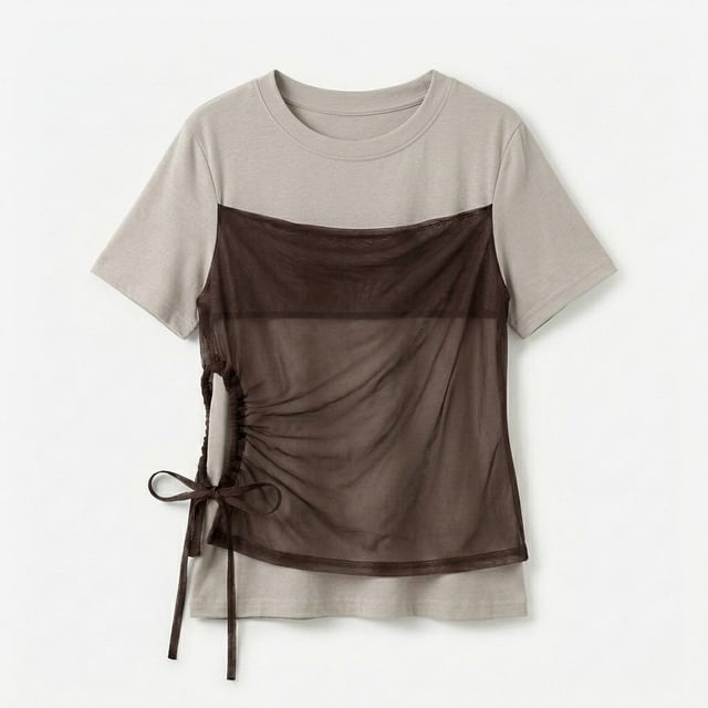 Short-Sleeve Crew Neck Drawstring Mesh Panel Mock Two-Piece T-Shirt