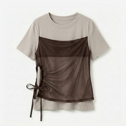 Short-Sleeve Crew Neck Drawstring Mesh Panel Mock Two-Piece T-Shirt