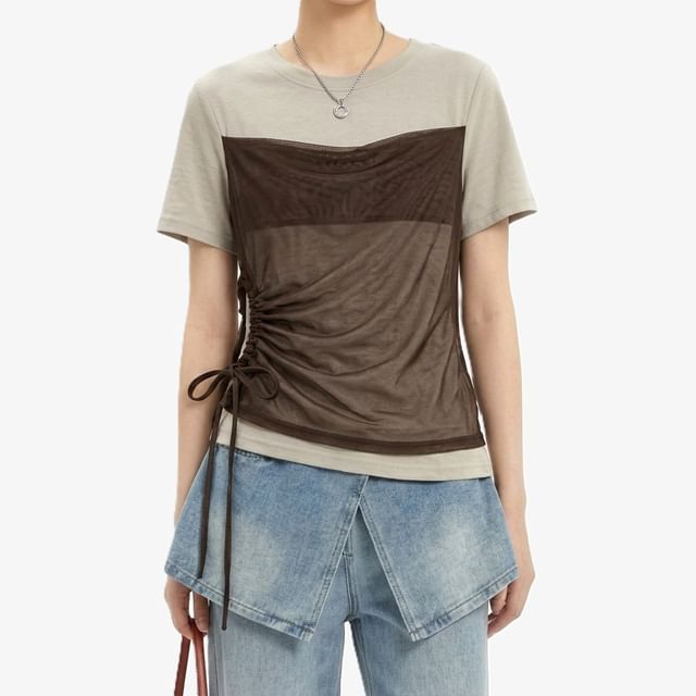 Short-Sleeve Crew Neck Drawstring Mesh Panel Mock Two-Piece T-Shirt