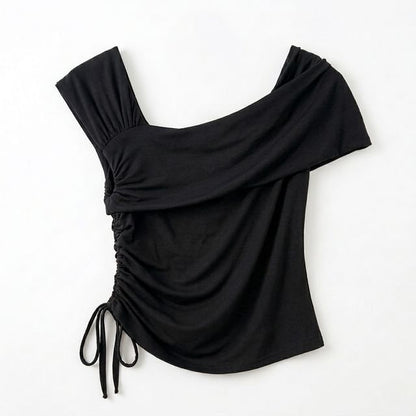 Short-Sleeve Asymmetrical Neck Drawstring T-Shirt