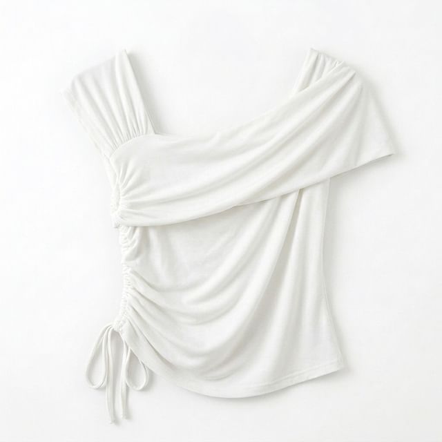 Short-Sleeve Asymmetrical Neck Drawstring T-Shirt
