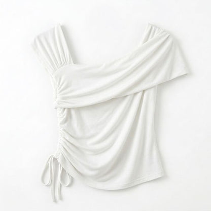 Short-Sleeve Asymmetrical Neck Drawstring T-Shirt