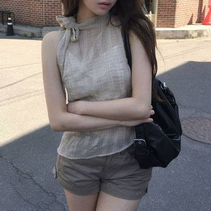 Sleeveless Mock Neck Plaid Asymmetrical Tie-Up Top