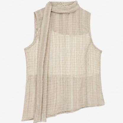 Sleeveless Mock Neck Plaid Asymmetrical Tie-Up Top