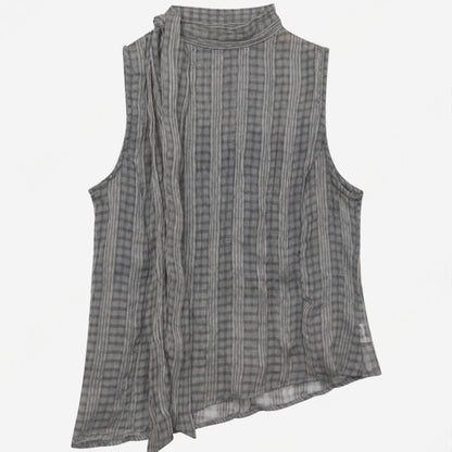 Sleeveless Mock Neck Plaid Asymmetrical Tie-Up Top