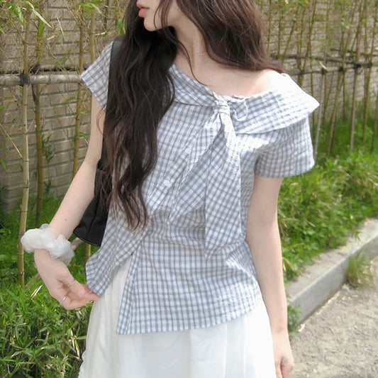Short Sleeve Collared Plaid Asymmetrical Blouse