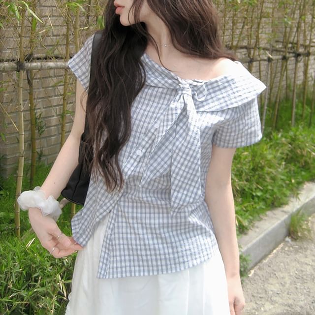 Short Sleeve Collared Plaid Asymmetrical Blouse